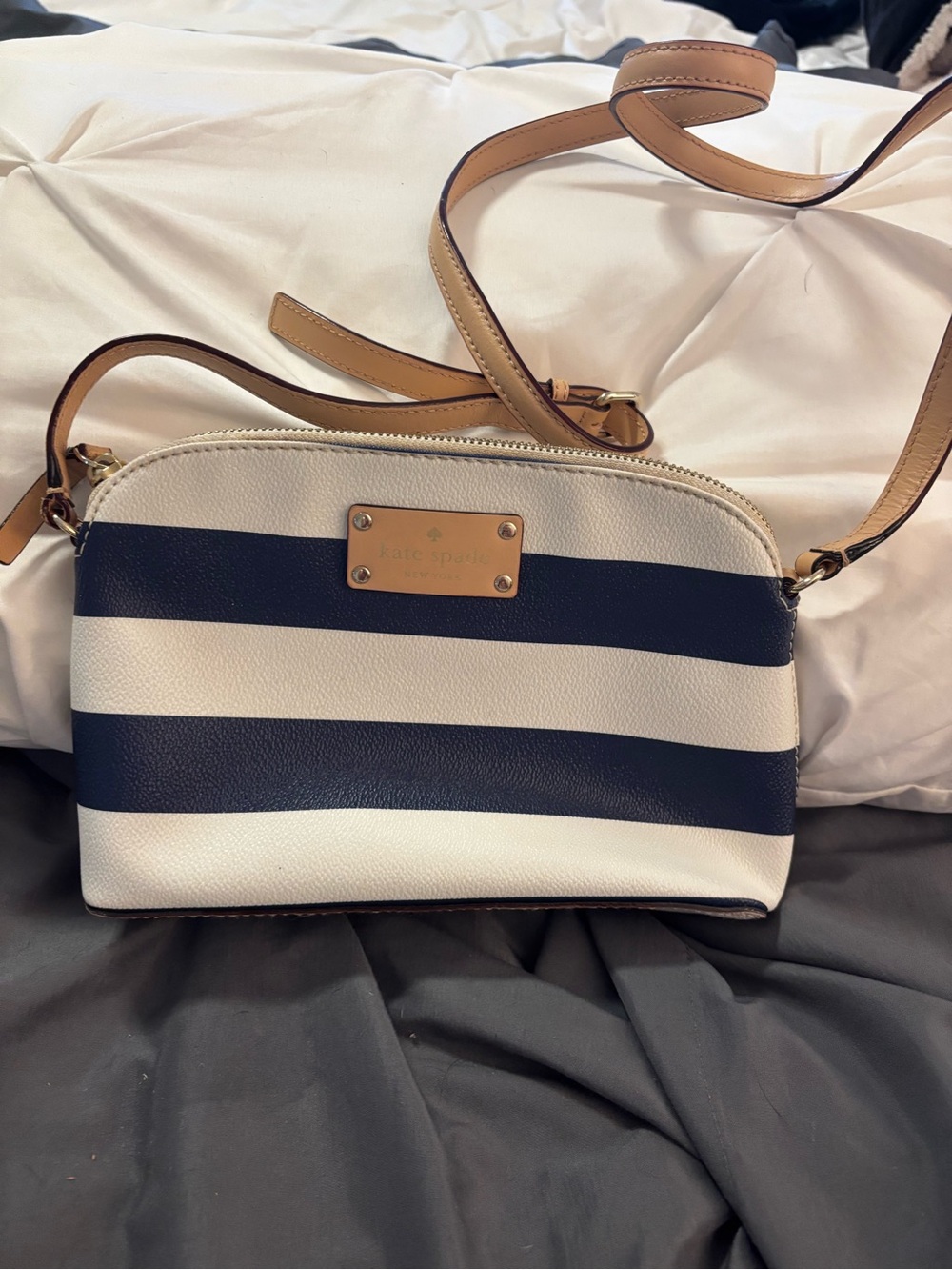 kate spade Navy and White Striped Crossbody with Tan Strap